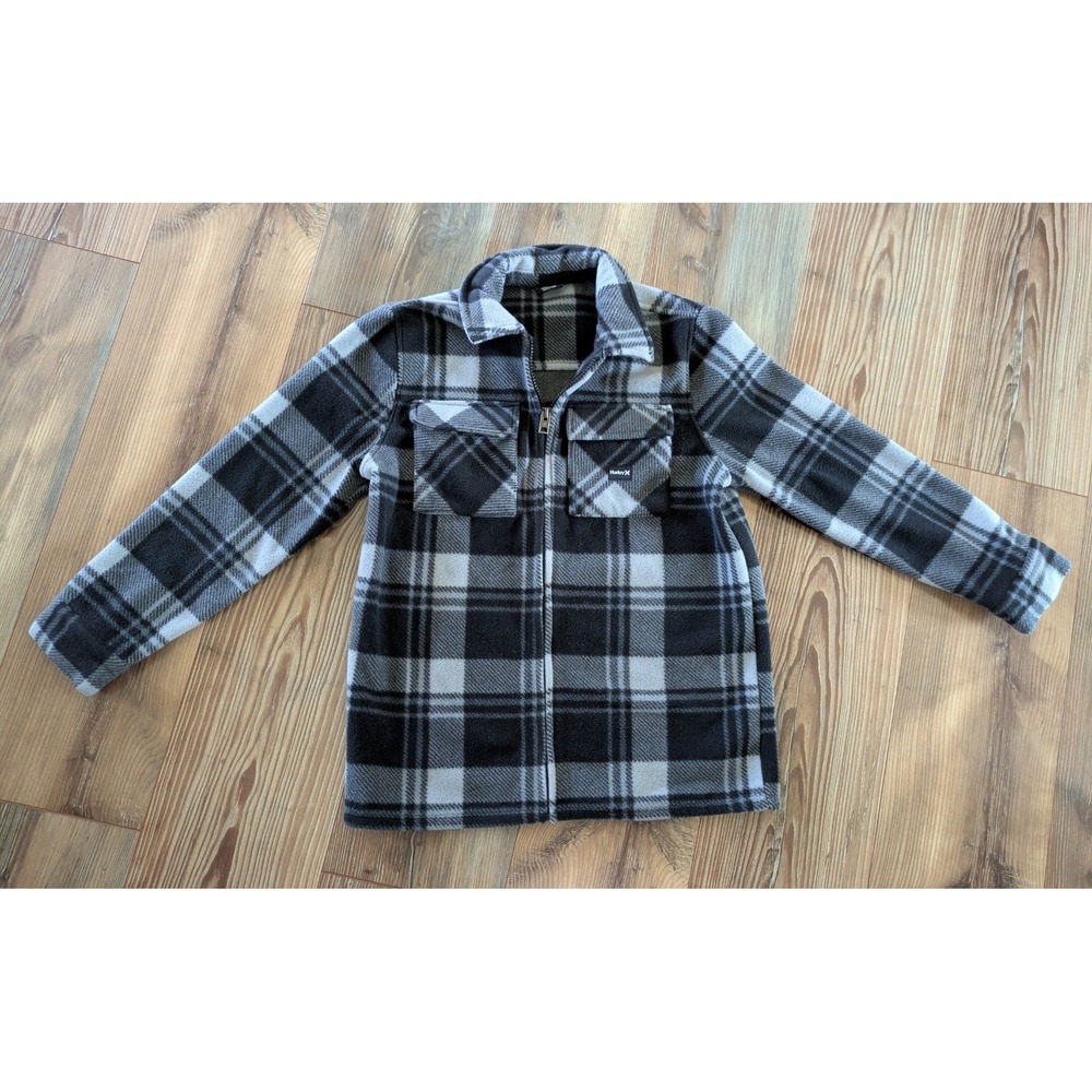 Hurley Gray & Black Plaid Full Zip Collared Fleece Jacket Youth Medium 10/12